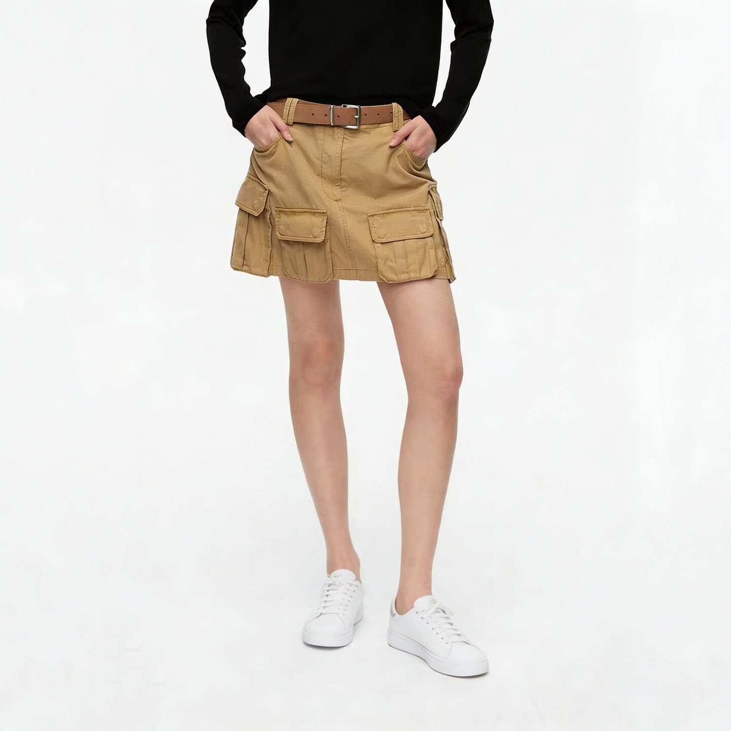 【奢定SHX】2026夏新品时尚简约修身型质感卡其立体工装口袋短裙