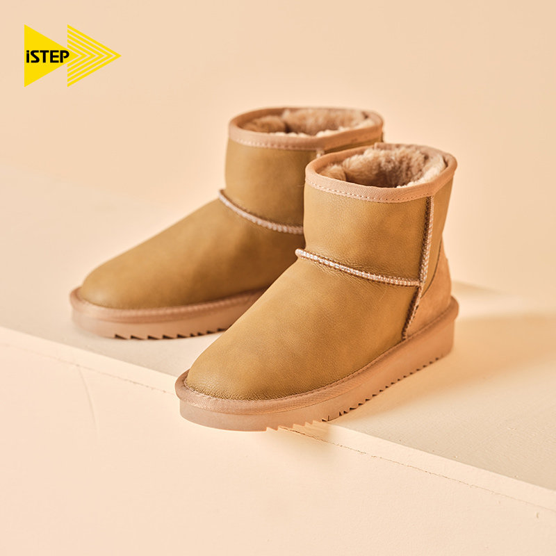 iSTEP冬季女士雪地靴加绒加厚保暖舒适皮毛一体平底棉鞋中筒女靴