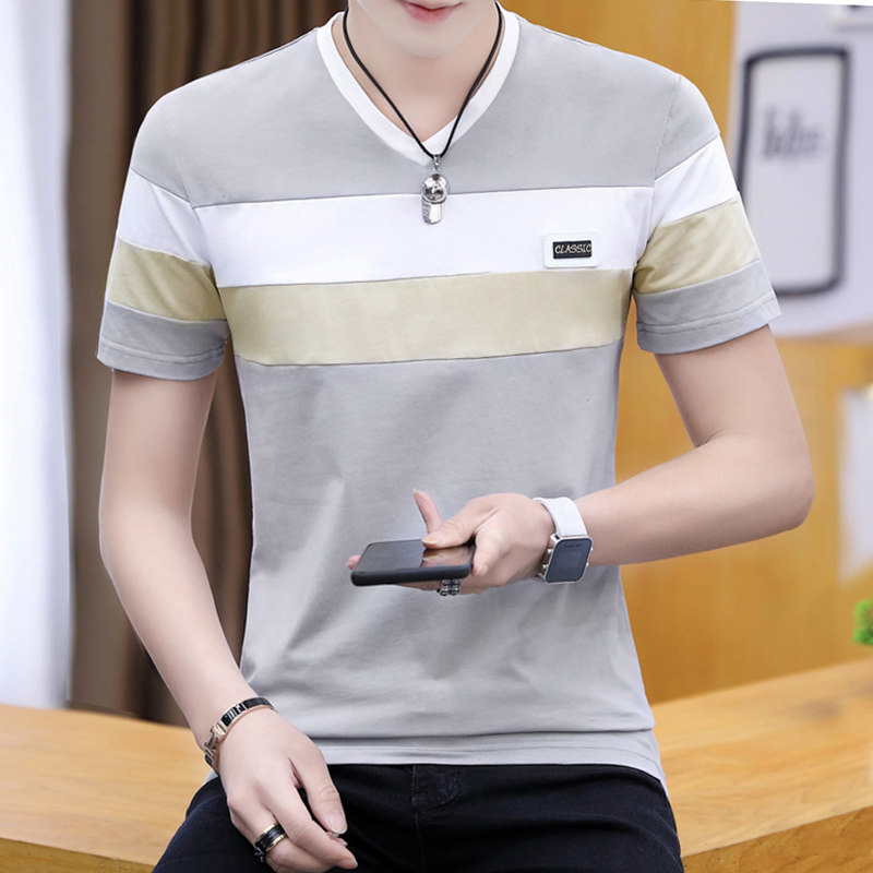 男士短袖t恤棉质v领夏季男装打底衫韩版潮流体桖夏天修身上衣服丅