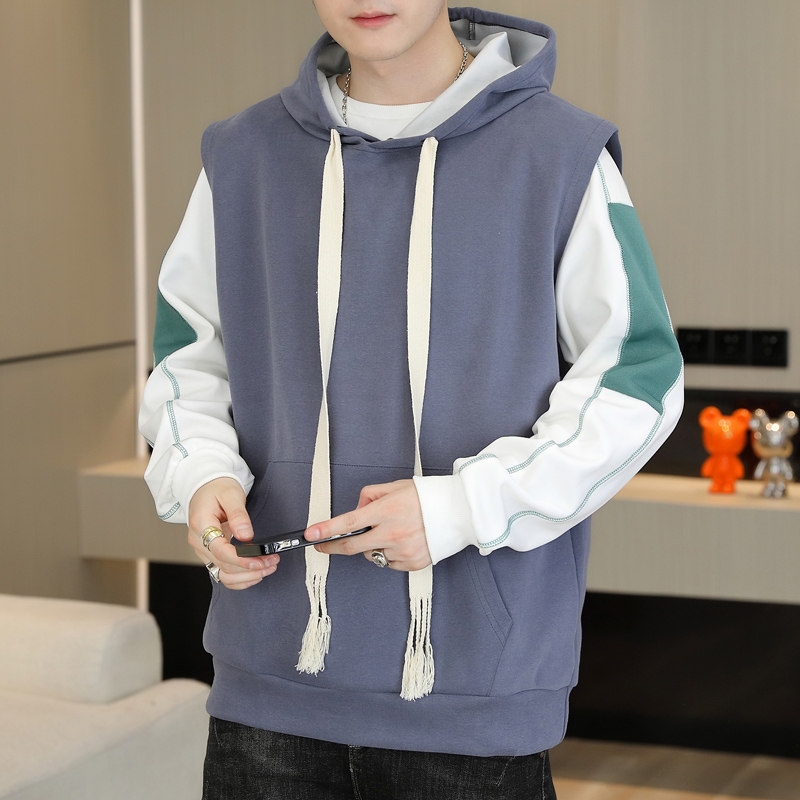 春秋季男士无袖连帽卫衣韩版有口袋背心马甲休闲运动帽衫坎肩外套