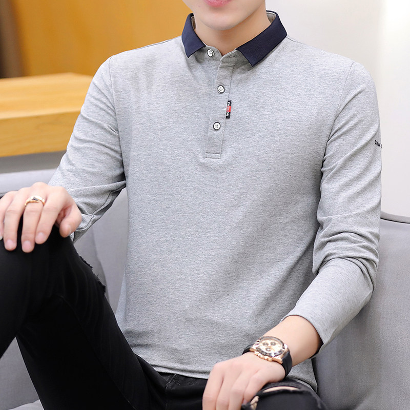秋季男士长袖t恤修身翻领上衣服潮流体恤青年polo衫有带领打底衫