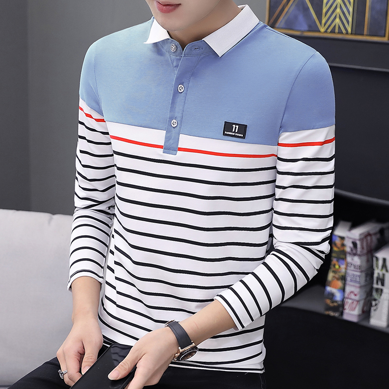 男士长袖t恤纯棉翻领polo衫领带
