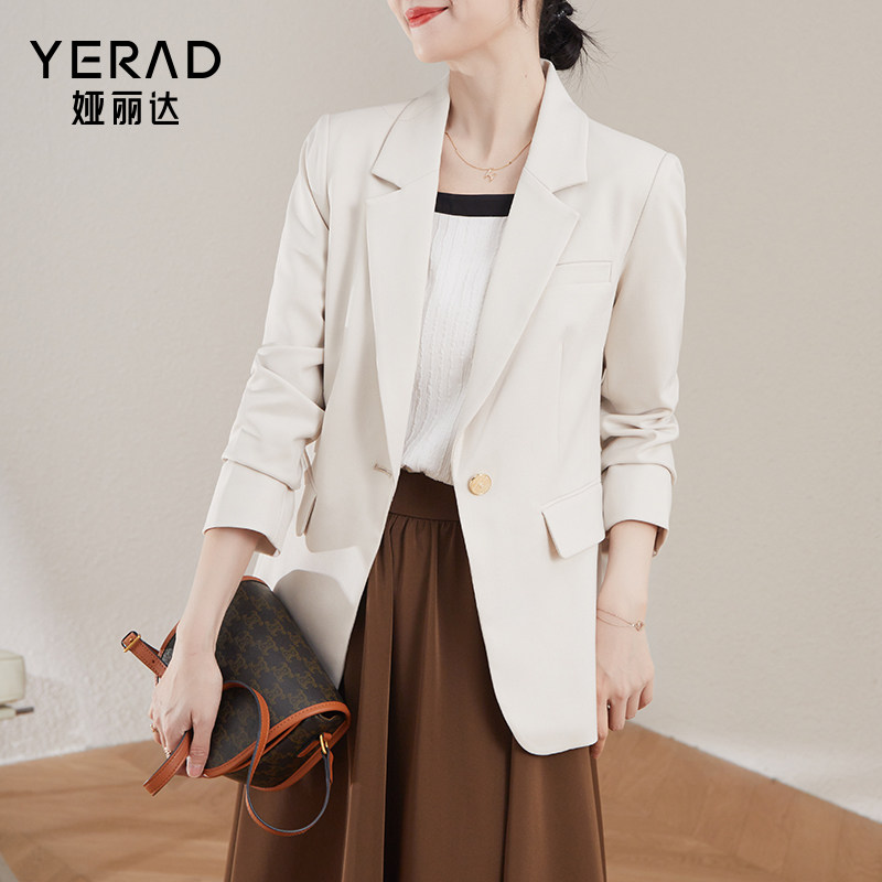 娅丽达女装米白色西装外套女2023年春新款职业通勤上衣黑色小西服