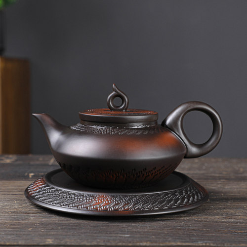 紫陶茶壶复古紫砂壶浮雕紫泥手工壶建水手抓家用陶瓷功夫茶具单壶