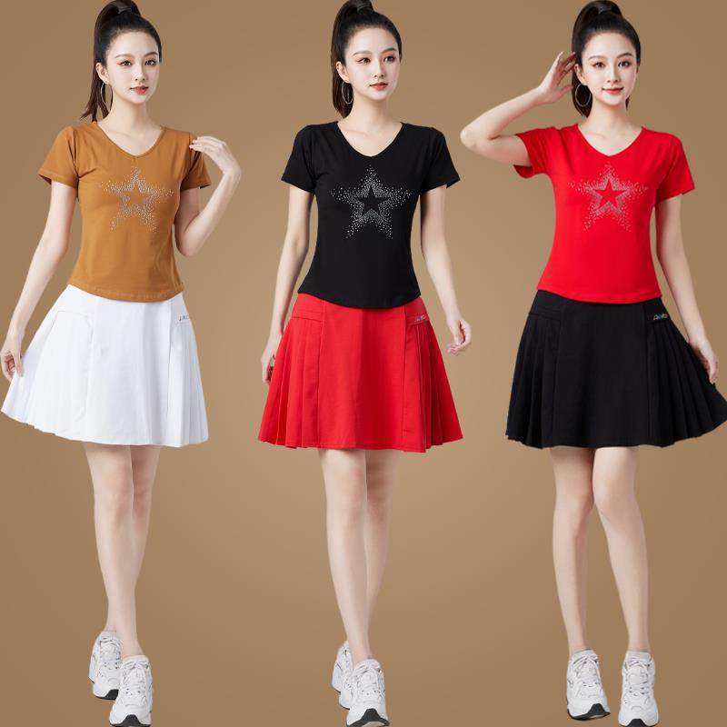 贴钻跳舞衣短袖运动短裙子广场舞服装套装春夏季新款健身舞蹈服女,运动/瑜伽/健身/球迷用品,广场舞套装,淘宝优惠券,粉丝福利购,淘宝优惠卷