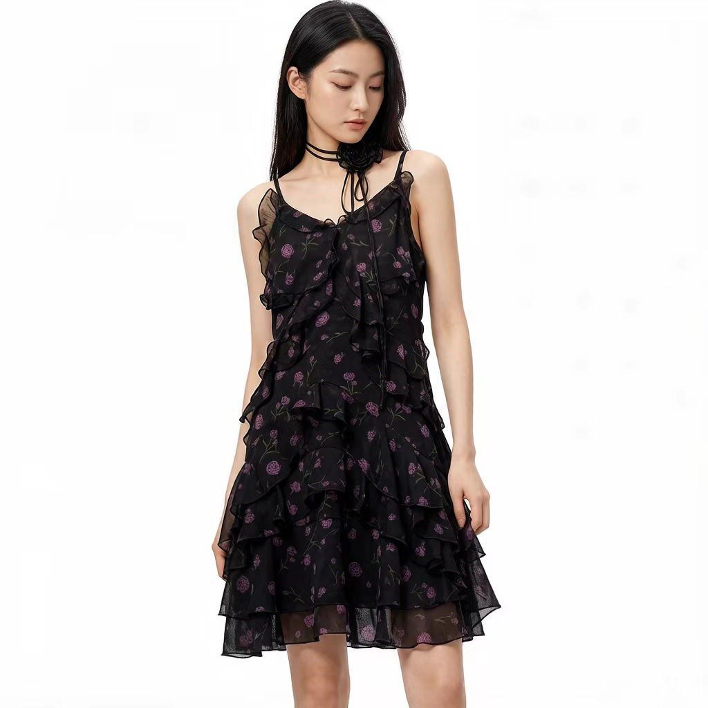 爆款欧货2026夏季新款花朵层叠荷叶边系带印花吊带连衣裙女
