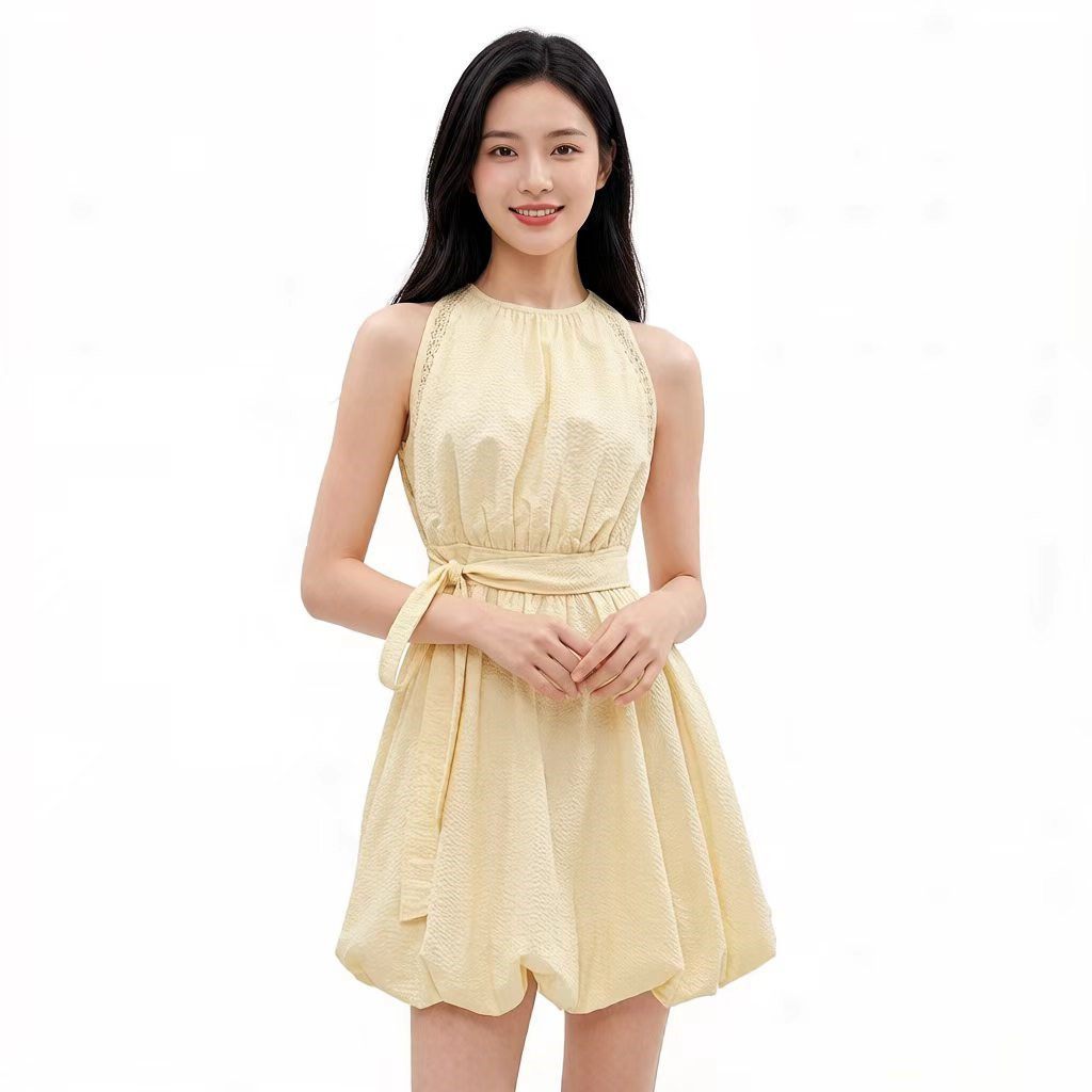爆款欧货2026夏季新款纯棉蓬蓬裙无袖削肩立体花苞连衣裙女