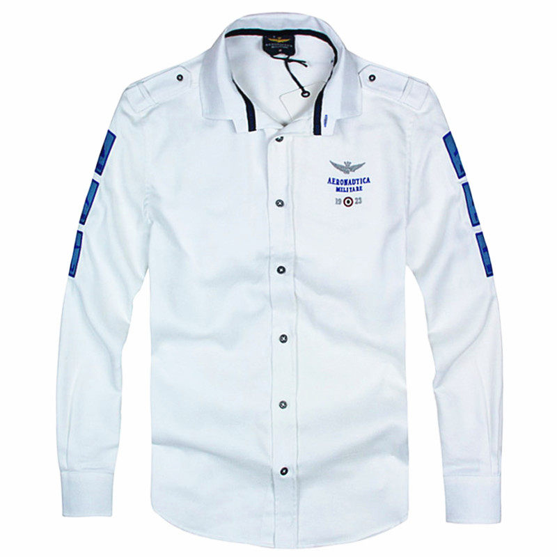 新款男衬衫白色长袖空军刺绣修身纯棉免烫长袖衬衫男