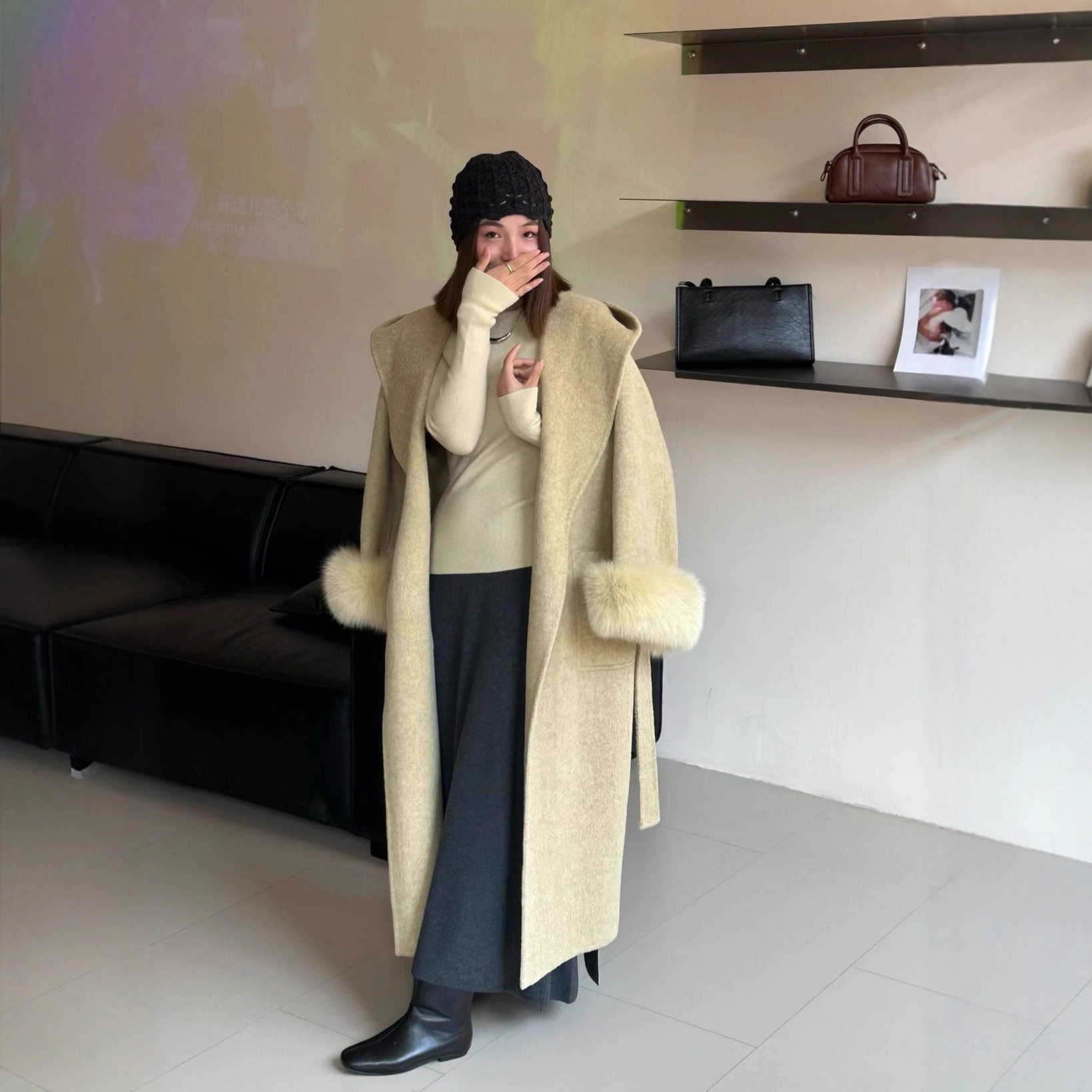 大狐狸毛袖口慵懒风浴袍款双面羊毛大衣长款连帽气质加厚长款外套