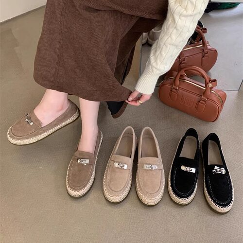 真皮小香风编织渔夫乐福鞋女