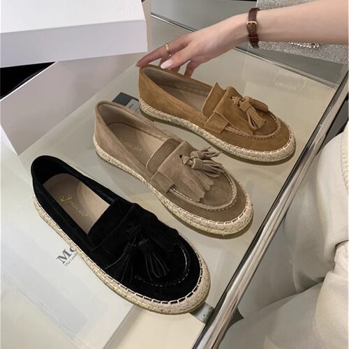 潮牌真皮厚底流苏一脚蹬乐福鞋