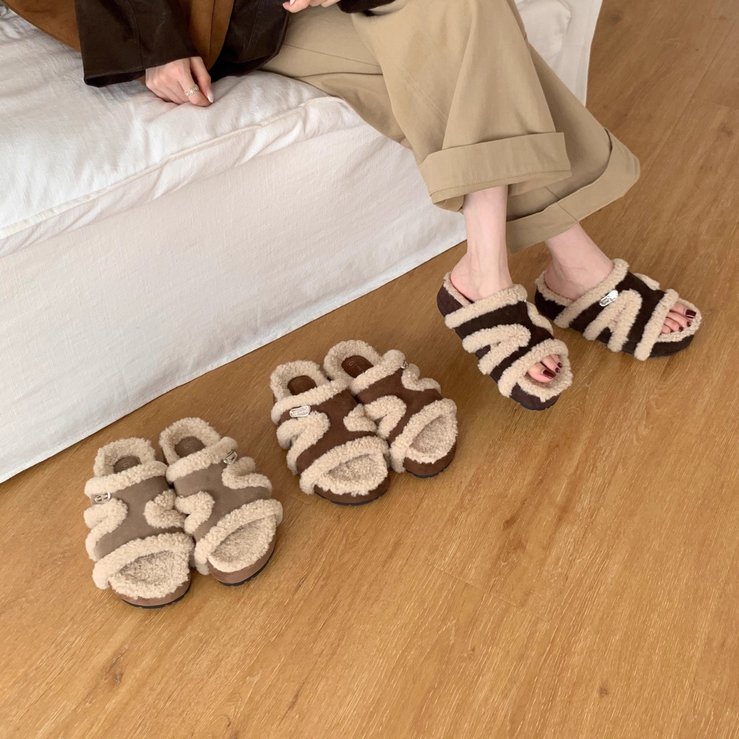 牛皮加绒加厚厚底一脚蹬棉拖鞋