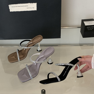 女凉拖 仙女风8cm细跟水钻一字带拖鞋 女夏2025新款 时尚 性感高跟鞋