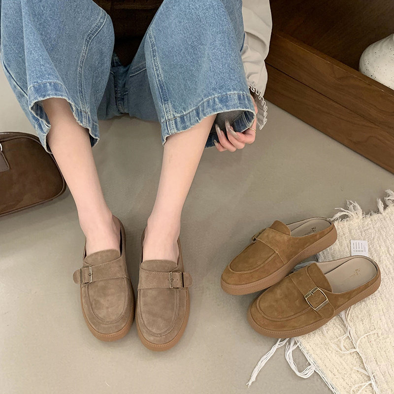 真皮包头半拖鞋女夏外穿2025新款一脚蹬勃肯凉拖懒人平底软底单鞋