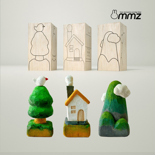 手工DIY卡通小木雕体验材料包套装解压治愈玩具风景大树小屋高山