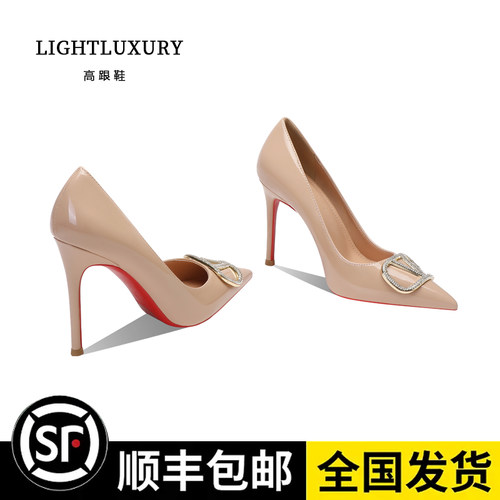 尖头细跟V扣红底性感高跟鞋女