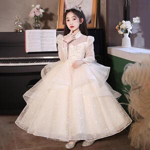 女童礼服轻奢小众主持人钢琴演出服儿童公主裙花童婚礼网纱裙长袖