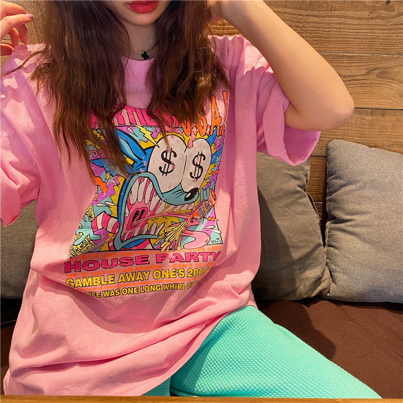 韩国东大门2020夏钱多多卡通印花粉色短袖圆领休闲T恤女显瘦遮肉