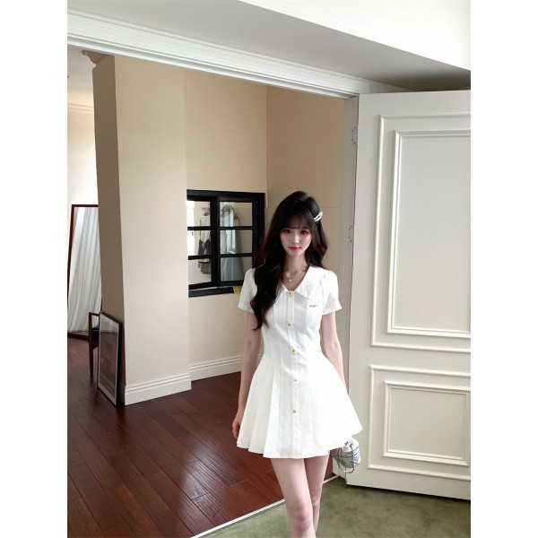 2025海盐茉莉 学院风白色衬衫连衣裙夏季初恋感收腰百褶裙女