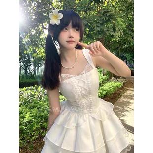 芭蕾宫廷风蕾丝吊带连衣裙小个子初恋甜美约会公主蓬蓬裙小白裙子