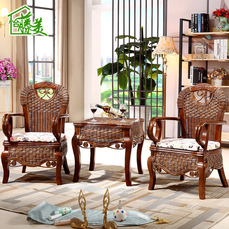 陽台藤椅茶幾三件套 實木真藤編單人椅子家用休閑桌椅茶桌組合在類目 住宅傢俱, 戶外/庭院傢俱, 桌椅套件中 - 來自Buy2taobao.com提供專業的淘寶代購服務