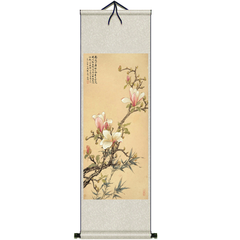 仿古玉兰花花鸟画丝绸卷轴画丝绢挂画书房酒店装饰可定制宣纸国画