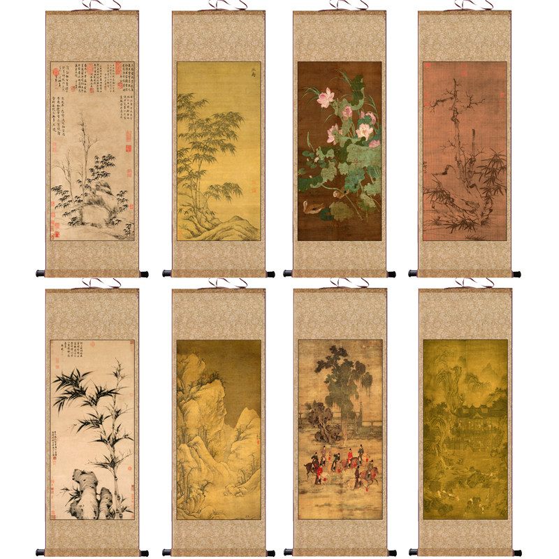 元代古木竹石图秋山行旅雪山图卷轴画绢画仿古画黄公望山水画国画