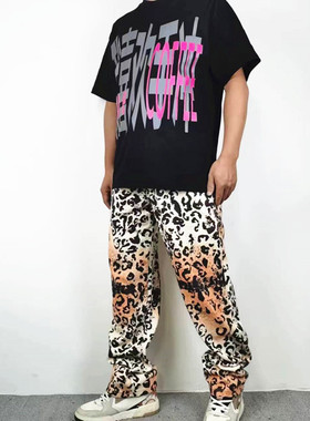 高街vibe豹纹迷彩牛仔裤男女宽松直筒hiphop痞帅复古休闲微喇长裤