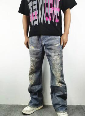 复古水洗雏菊3D数码印花牛仔裤做旧直筒宽松微喇垂坠感休闲长裤子