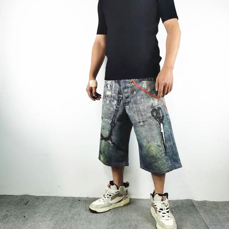 复古街头水洗做旧3D数码印链条牛仔裤男宽松直筒休闲六分短裤夏潮