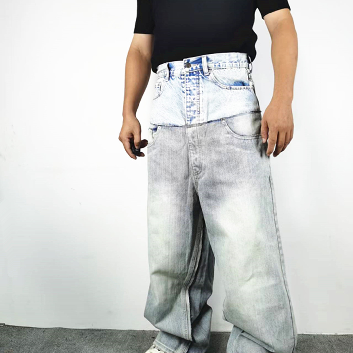 CUT-UP双层双腰拼接Baggy牛仔裤