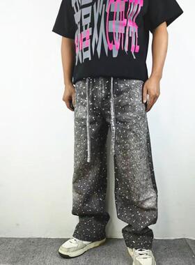 美式高街烫钻3D印花直筒飘带牛仔裤复古重工宽松直筒阔腿休闲长裤