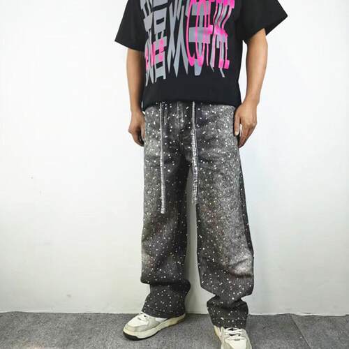 复古水洗宽松高街3D烫钻长牛仔裤