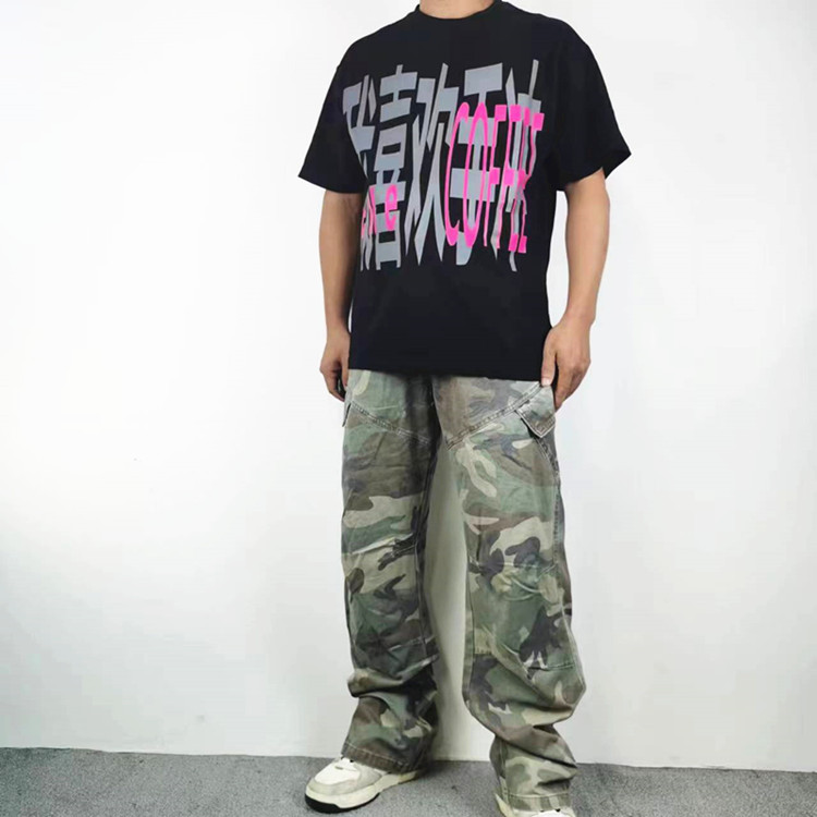 复古高街褶皱直筒微喇迷彩工装裤