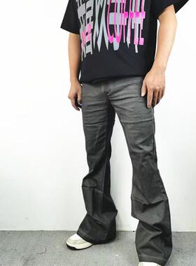 小众高街复古RO风水洗灰微喇叭牛仔裤男宽松休闲直筒阔腿拖地长裤