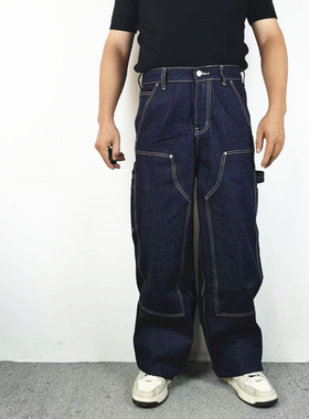 复古重磅硬挺廓形直筒原牛经典休闲裤深蓝色原浆丹宁休闲牛仔裤子