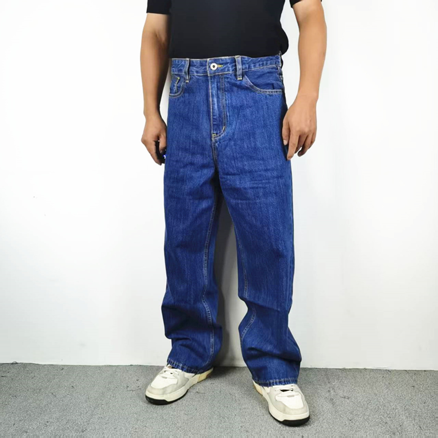 法工蓝直筒拖地宽松休闲长牛仔裤