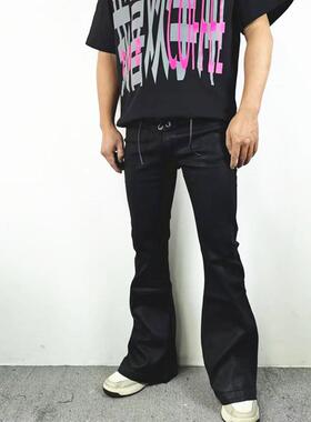 小众暗黑RO风街头涂层弹力微喇叭牛仔裤男休闲修身显瘦拖地长裤潮