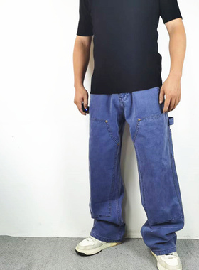 美式水洗复古直筒三角皮牌双膝伐木做旧破坏工装百搭解构牛仔长裤