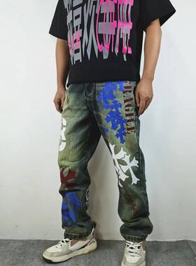 高街复古重工十字架印花3涂鸦休闲牛仔裤水洗做旧痞帅直筒长裤子