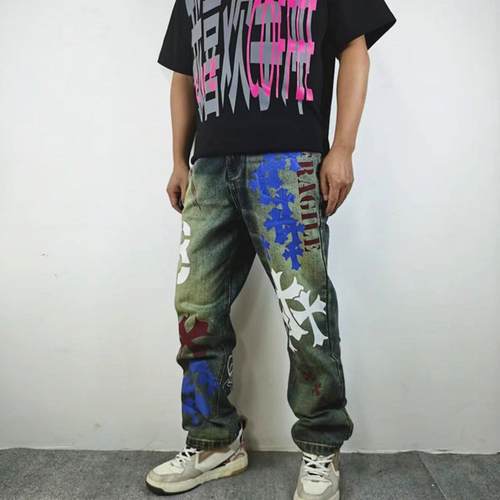 水洗复古高街十字架印花长牛仔裤