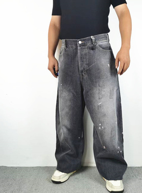 高街水洗做旧复古泼墨涂鸦宽松休闲阔腿微喇男黑灰BAGGY长牛仔裤
