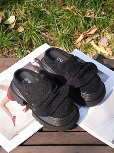 托 女鞋 双十一清仓水钻满钻荷叶边褶皱走秀款 小个子7cm包头半拖鞋