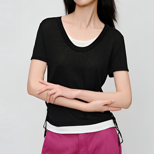 雅 假两件针织衫女抽绳显瘦百搭亚麻混纺T恤上衣