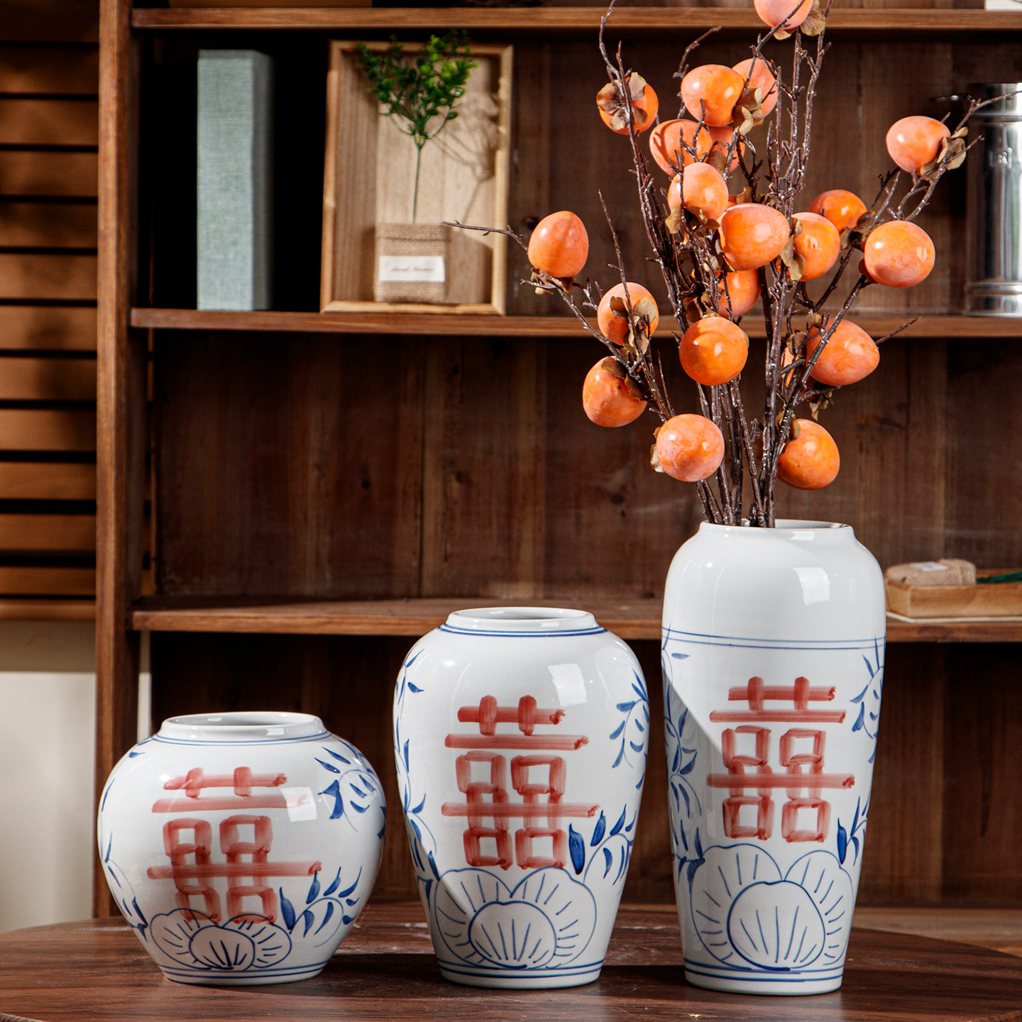 手绘青花瓷陶瓷花瓶喜字订婚婚礼装饰品复古家居客厅中式仿古摆件 - 和陶居出品