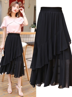 黑色不规则雪纺半身裙女2025夏季设计感高腰显瘦a字荷叶边鱼尾裙