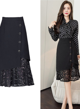 黑色鱼尾半身裙女2025年新款夏季蕾丝拼接a字裙高腰垂感包臀裙子
