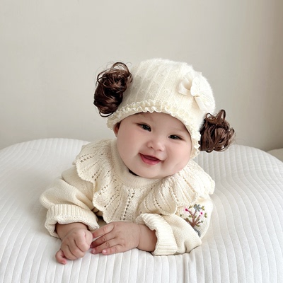 宝宝帽子冬季婴儿假发帽韩版花朵
