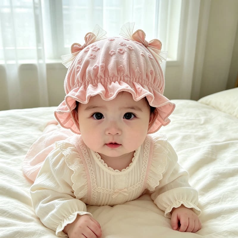 小月龄婴儿帽子春秋四季款薄款荷叶边渔夫帽女宝宝可爱防晒遮阳帽