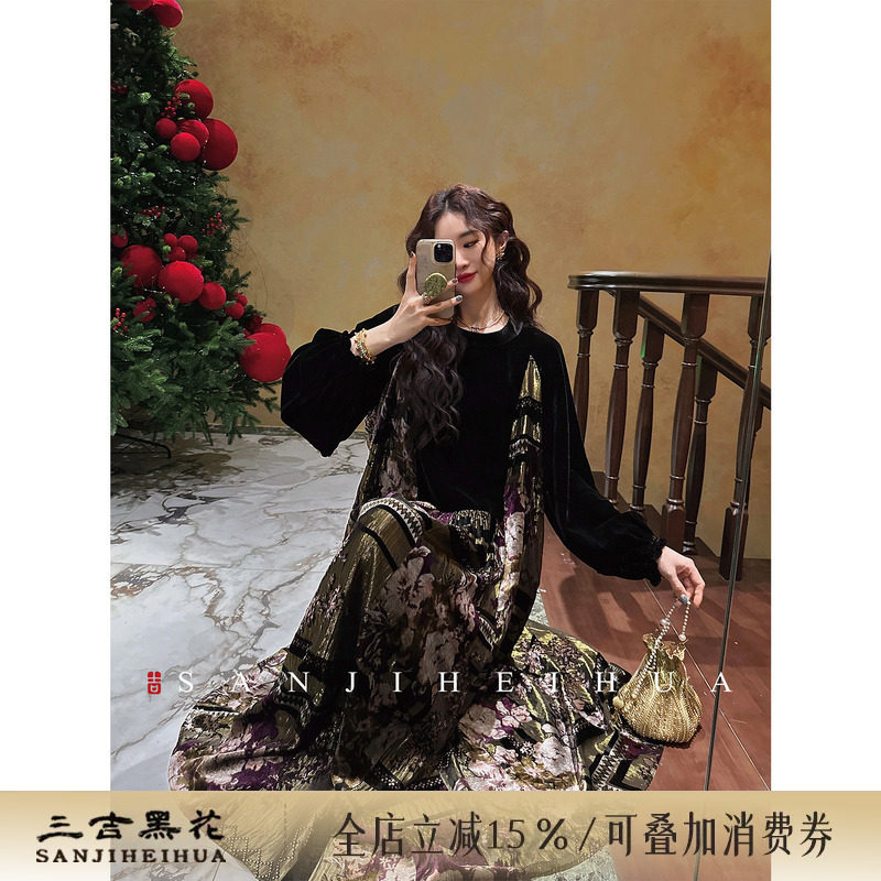 【熊熊专属】三吉黑花【金丝雀】新中式烂花丝绒冬季连衣裙子